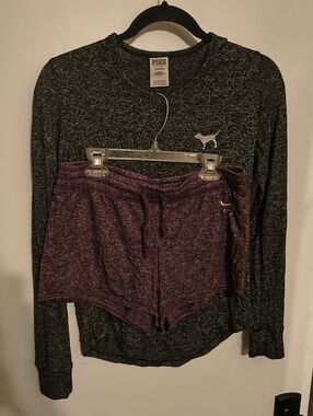PINK Victoria's Secret Black Long-Sleeve Top & Purple Lounge Shorts Set